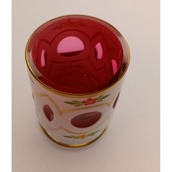 Vtg. Czech Bohemian White Cased Cut to Red/Pink Floral  Toothpick Votive Holder - Picture 3 of 5